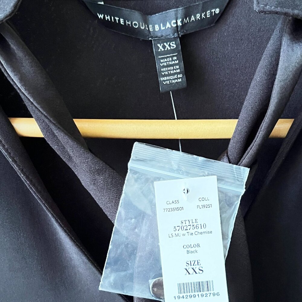 White House Black Market WHBM Tie Neck Shift Dress Black Long Sleeve XXS NWT - Picture 5 of 7